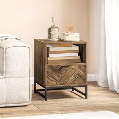 HOMCOM Bedside Table with Drawer and Shelf, Side End Table with Steel Legs for Living Room, Bedroom, Brown Wood Effect 