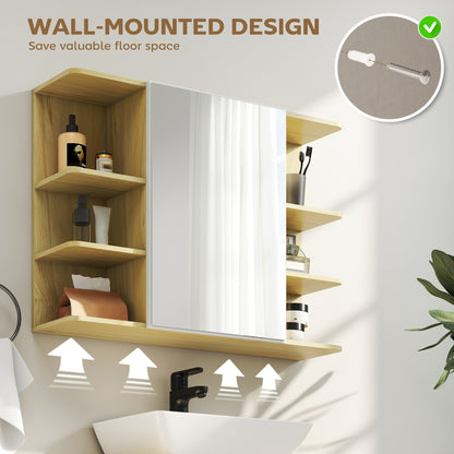 HOMCOM Bathroom Mirror Cabinet with Open Storage Shelves - Natural Wood Finish