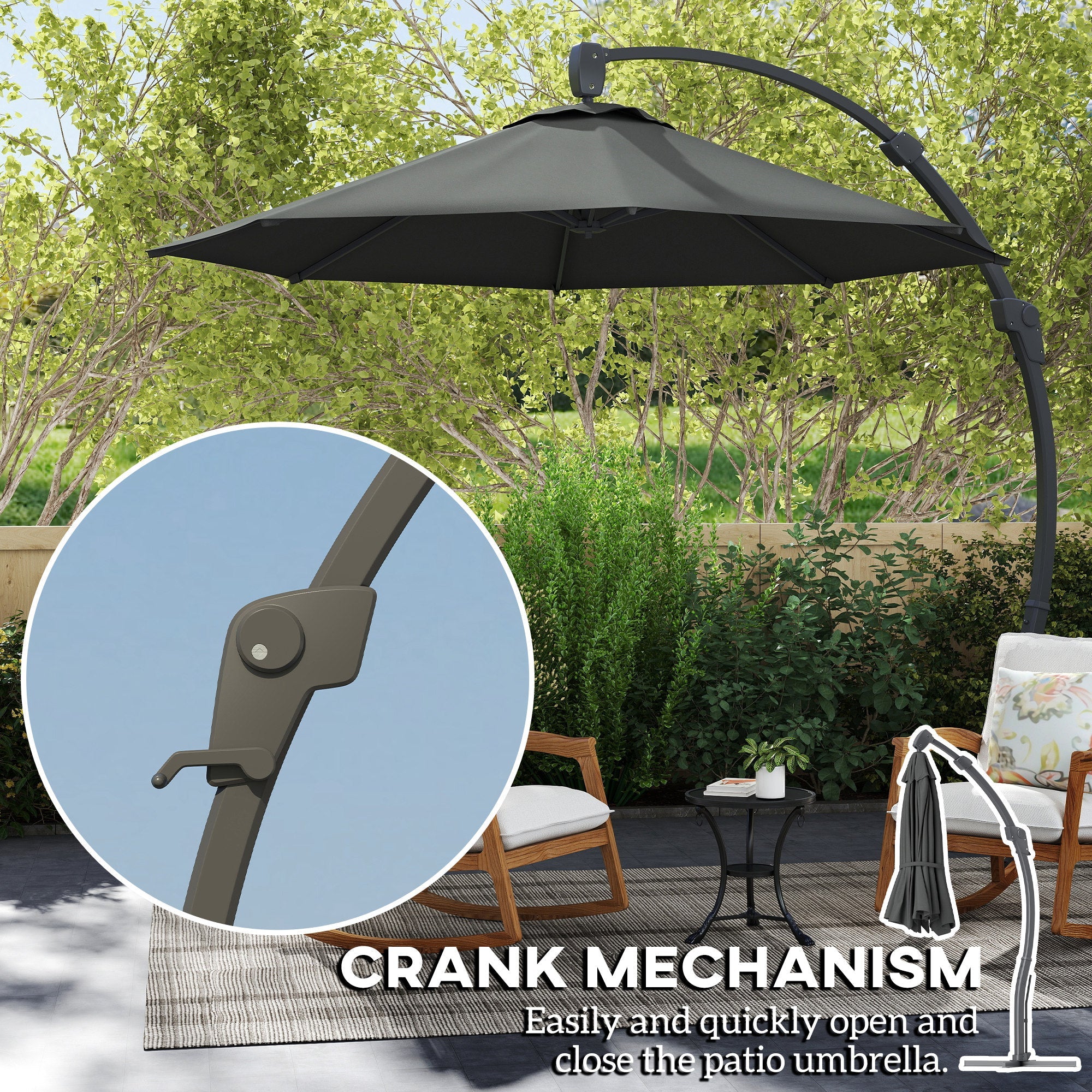 Outsunny 3(m) Garden Cantilever Parasol, Round Overhanging Umbrella with Crank Handle, Cross Base, Aluminium Frame and 360° Rotation, Banana Patio Umbrella for Outdoor Sun Shade, Grey 