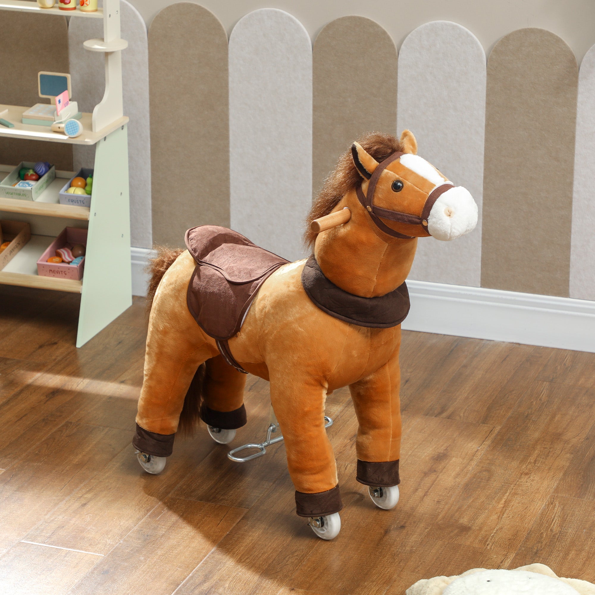 AIYAPLAY Ride On Horse, Plush Walking Horse Toy with Wheels and Saddle for Ages 3-5 Years Old, Brown 