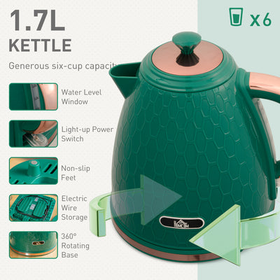 HOMCOM Kettle and Toaster Set, 1.7L 3000W Fast Boil Jug Kettle with Auto Shut Off, 4 Slice Toaster with 7 Level Browning Controls & Crumb Tray, Green 