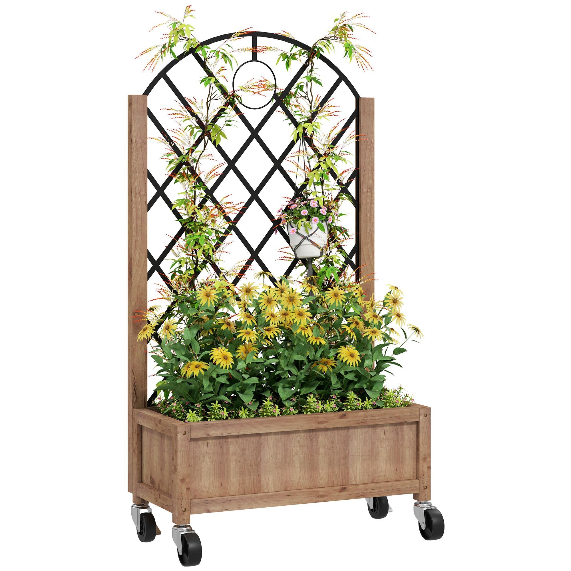 Outsunny Wooden Planter, with Metal Trellis - Brown/Black 