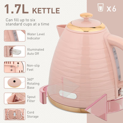 HOMCOM 3000W 1.7L Kettle & 4 Slice Toaster, Kettle and Toaster Set with 7 Browning Controls and Crumb Tray, Light Pink 