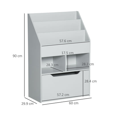 HOMCOM Kids Bookshelf, Toy Organiser, with Storage Drawer, Wheels - Grey 