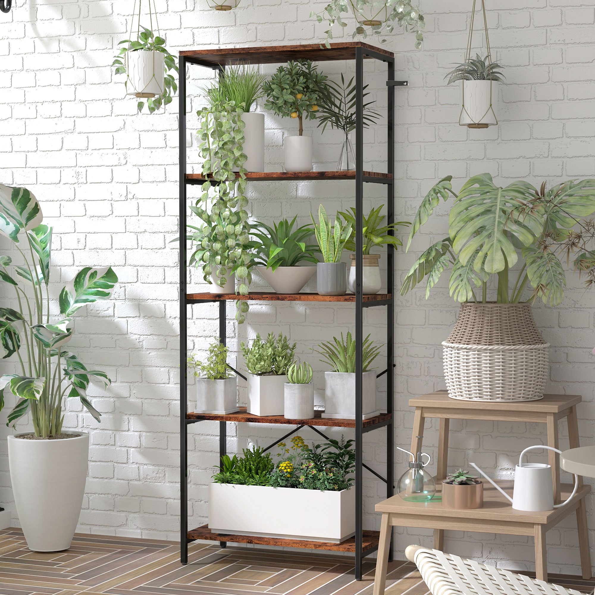 HOMCOM 5-Tier Bookshelf, Industrial Bookcase with Metal Frame - Rustic Brown and Black 