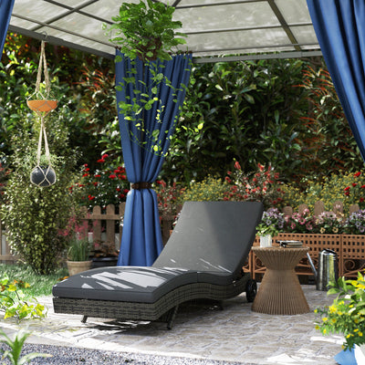 Outsunny Patio Wicker Chaise Lounge Chair, Outdoor PE Rattan Sun Lounger with Adjustable Backrest and 2 Wheels, Dark Grey 