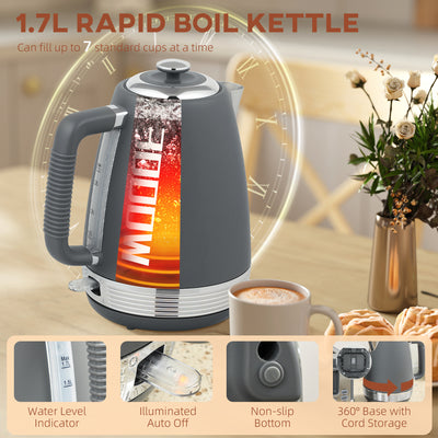 HOMCOM Stainless Steel Kettle and Toaster Set, 1.7L 3000W Rapid Boil Jug Kettle with UK Strix Thermostat, Limescale Filter, 4 Slice Toaster with 7 Browning Controls, Crumb Tray, Grey and Silver Tone 