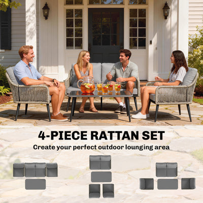 Outsunny Rattan Garden Furniture Set, 4 Piece Outdoor Patio Furniture with Tempered Glass Table and Chairs, Indoor Balcony Conservatory Set 