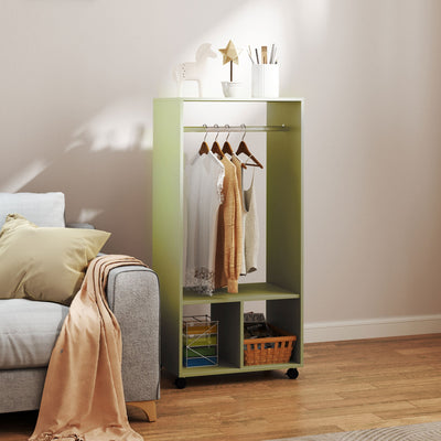 HOMCOM Open Wardrobe on Wheels, Bedroom Wardrobe with Clothes Hanging Rail, 2 Storage Shelves, Mobile Garment Rack for Cloakroom, Hallway, Green 