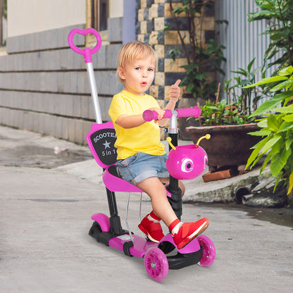 HOMCOM 5 in1 Kids  Scooter 3 Wheel Toddler scooter Kick Scooter with Adjustable Handlebar, Removable Seat & Back Rest for 18 Month+, Pink 
