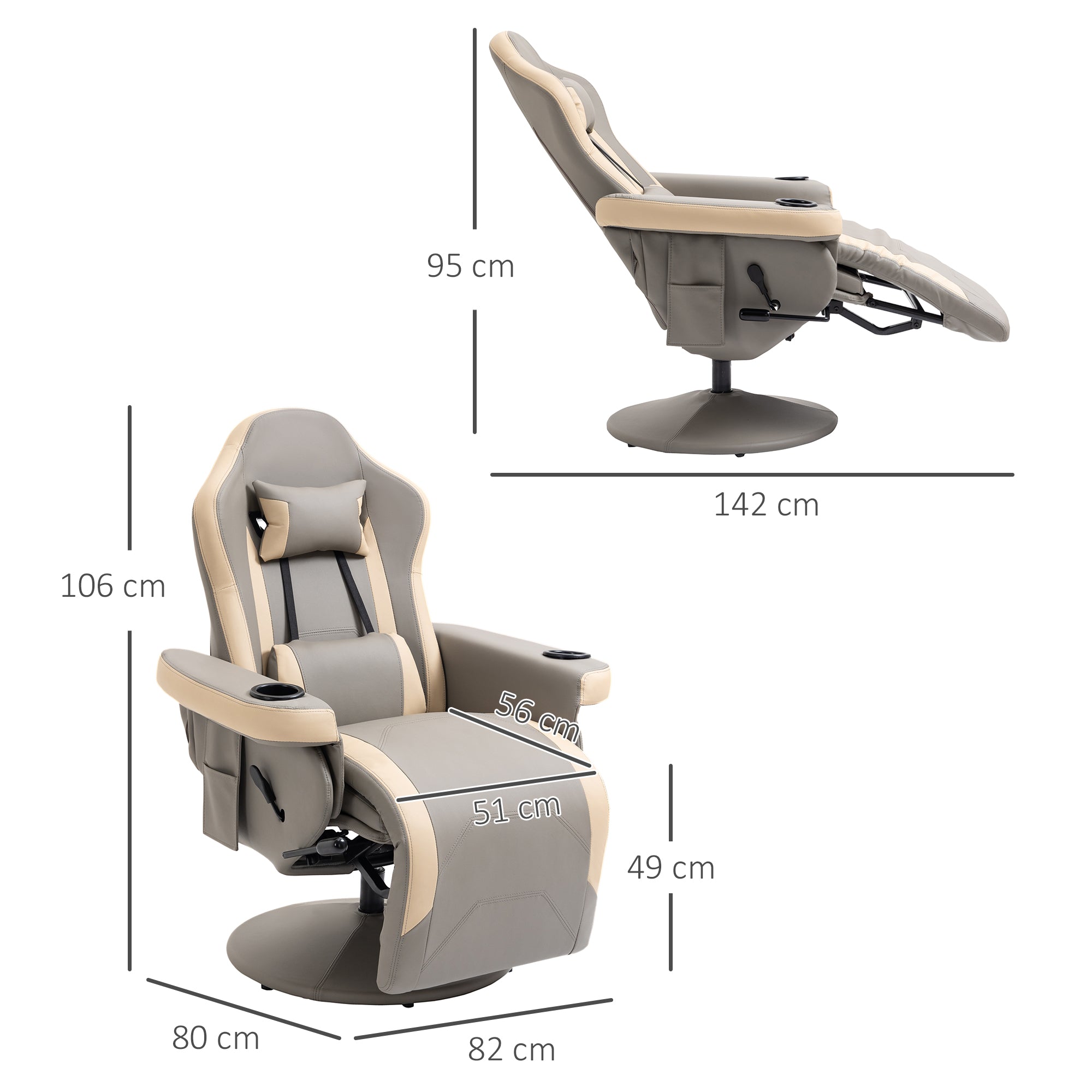 HOMCOM Manual Recliner Armchair PU Leather Lounge Chair w/ Adjustable Leg Rest, 135\'c2\'b0 Reclining Function, 360\'c2\'b0 Swivel, Grey