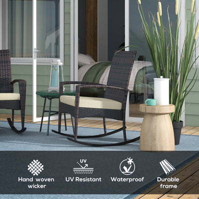 Outsunny Outdoor PE Rattan Rocking Chair Set of 2, Garden Rocking Chair Set with Armrest and Cushion, Brown 