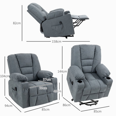 HOMCOM Oversized Riser and Recliner Chairs for the Elderly, Fabric Upholstered Lift Chair for Living Room with Remote Control, Side Pockets, Cup Holder, Grey 