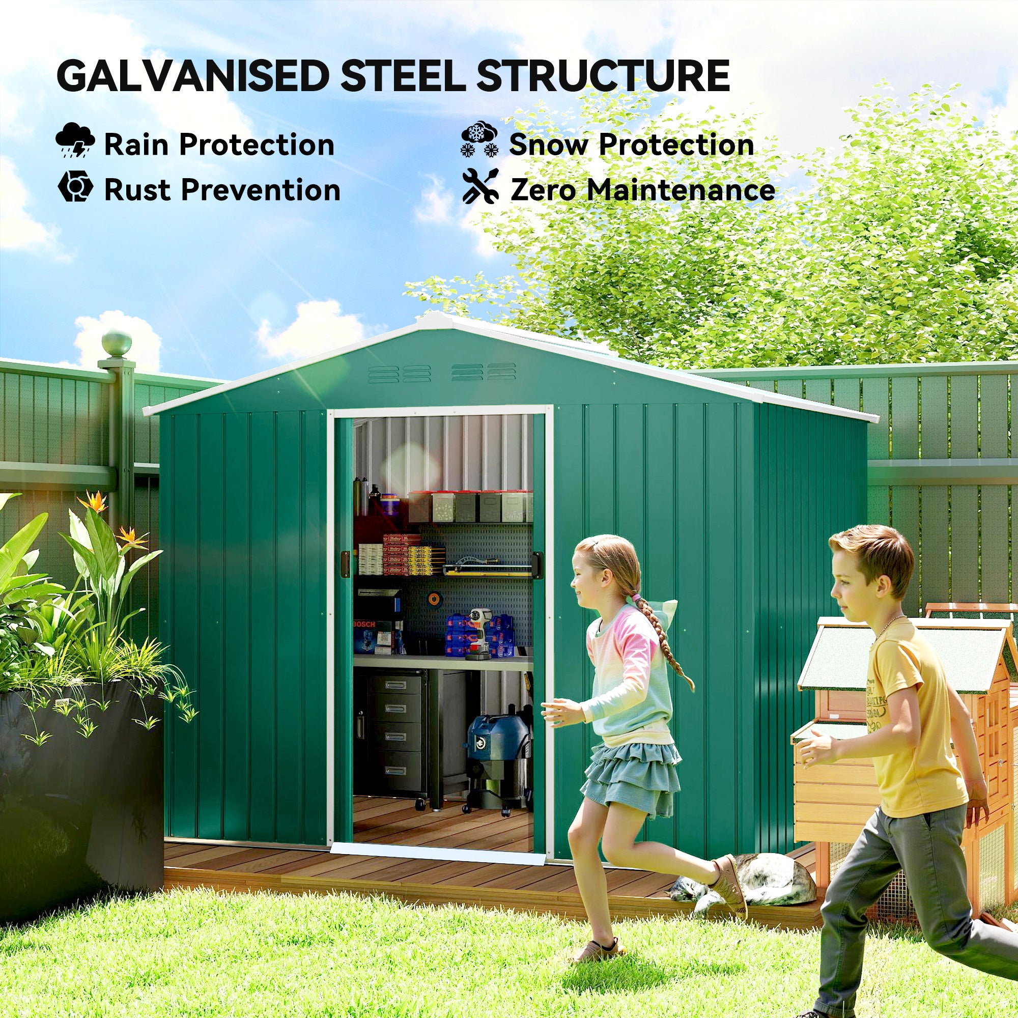 Outsunny 8 x 6ft Galvanised Steel Shed, with Double Door - Green 