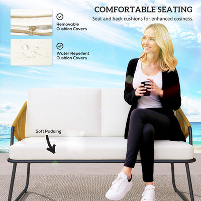 Outsunny 4 Piece Rattan Garden Furniture Set, Wicker Patio Outdoor Furniture Set with Loveseat, Armchairs, Glass Top Coffee Table and Cushions for Patio, Conservatory, Balcony, Natural Wood Finish 