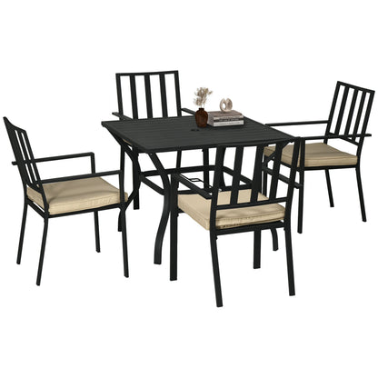 Outsunny 5 Pieces Garden Dining Set with Cushions, Outdoor Patio Table and 4 Stackable Chairs, Metal Top Table with Umbrella Hole, Black 