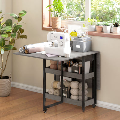 HOMCOM Industrial Folding Dining Table, Drop Leaf Table with Open Compartments for Small Spaces, Kitchen, Dining Room, Grey 
