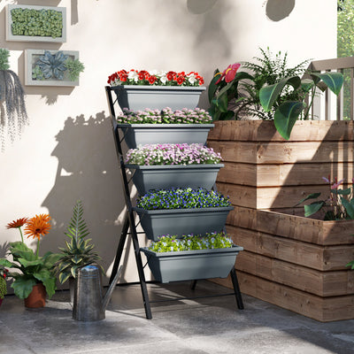 Outsunny 5-Tier Raised Garden Bed, Vertical Ladder Plant Stand with 5 Removable Boxes, Drainage Holes and Plugs, Indoor Outdoor Elevated Flower Herb Growing Box for Garden Patio Balcony, Grey 