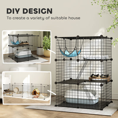 PawHut Indoor Cat Cage DIY Customizable 3-Tier Indoor Cat Enclosure with 3 Doors and Hammock 105 cm Black 