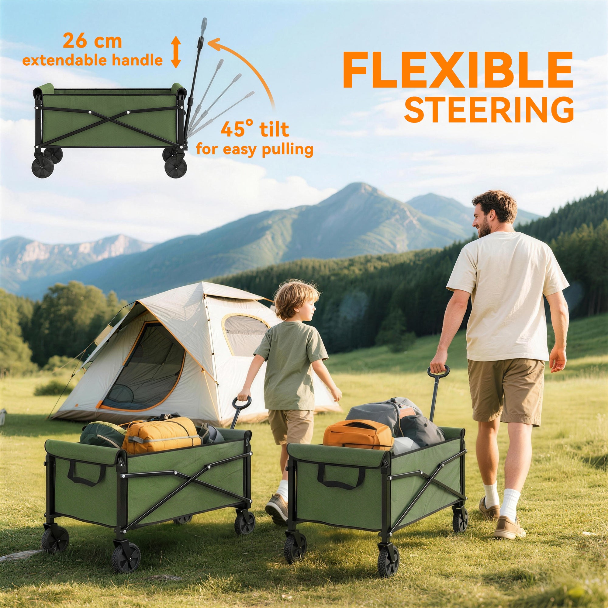 Outsunny 81L Festival Trolley on Wheels, Compact Garden Folding Trolley Cart with Adjustable Handle 80L Green 