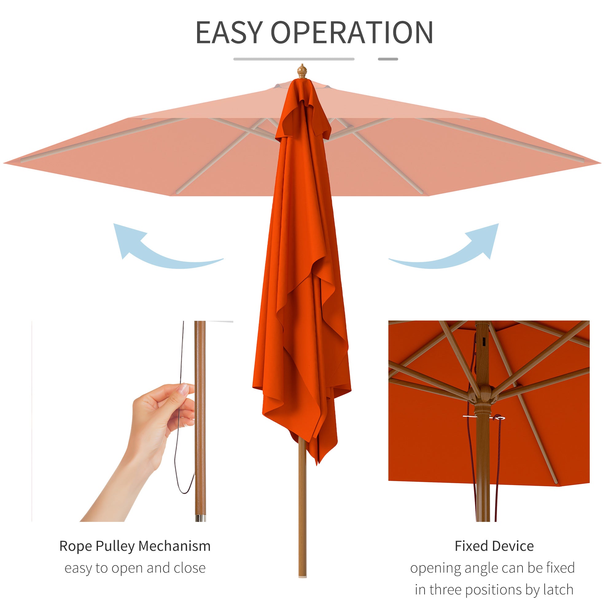 Outsunny 2.5m Wood Garden Parasol Sun Shade Patio Outdoor Wooden Umbrella Canopy Orange 