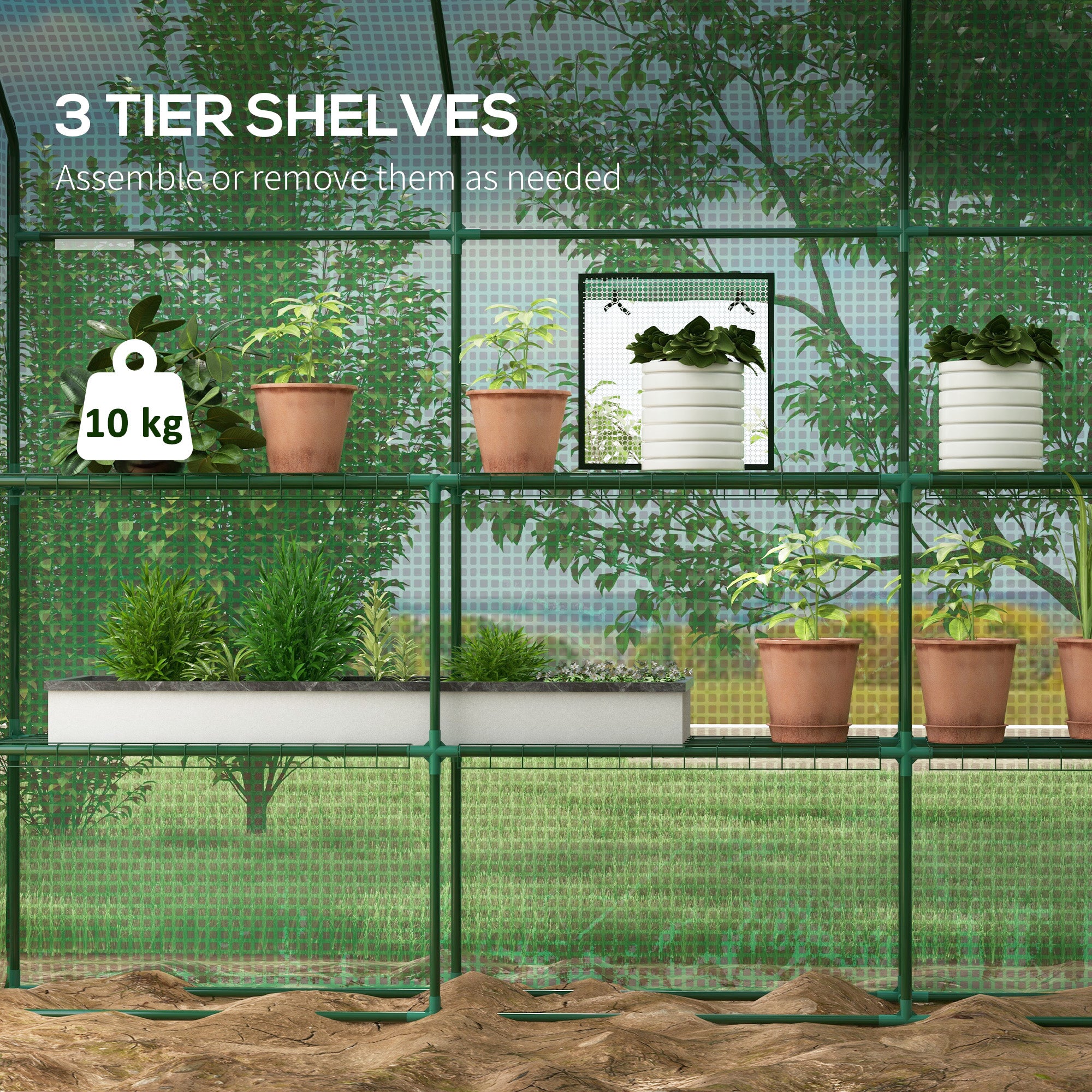 Outsunny Walk-in Greenhouse with 3 Tier 12 Shelves, Small Greenhouse with Reinforced PE Cover, Garden Plant Growhouse with Roll-up Door and Three Mesh Windows, 140 x 213 x 190 cm, Green 