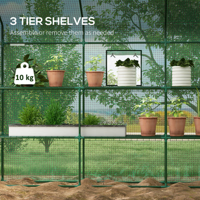 Outsunny Walk-in Greenhouse with 3 Tier 12 Shelves, Small Greenhouse with Reinforced PE Cover, Garden Plant Growhouse with Roll-up Door and Three Mesh Windows, 140 x 213 x 190 cm, Green 