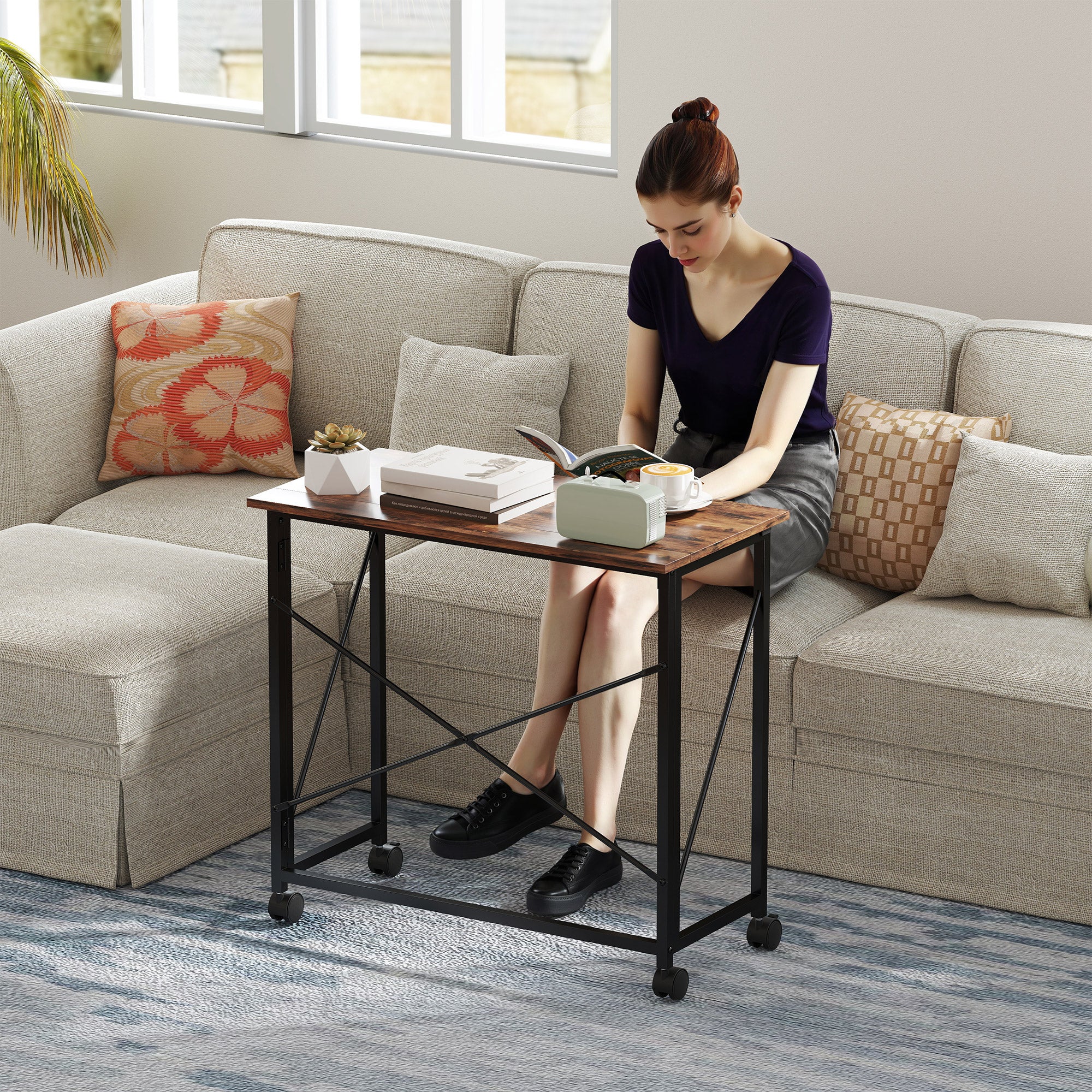 HOMCOM 80 cm Folding Desk on Wheels - Rustic Brown