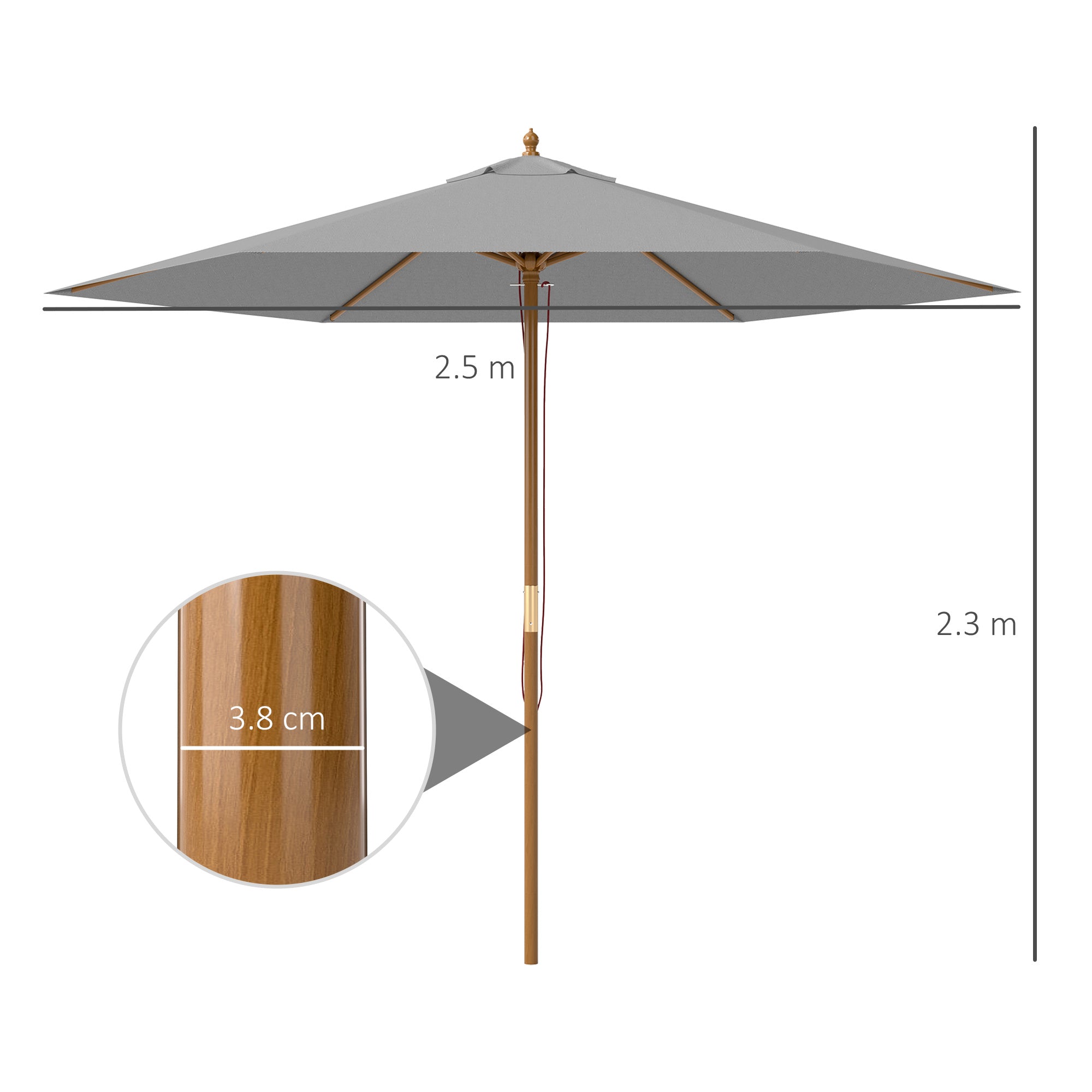 Outsunny 2.5m Wood Garden Parasol Sun Shade Patio Outdoor Wooden Umbrella Canopy Light Grey 