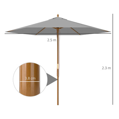 Outsunny 2.5m Wood Garden Parasol Sun Shade Patio Outdoor Wooden Umbrella Canopy Light Grey 