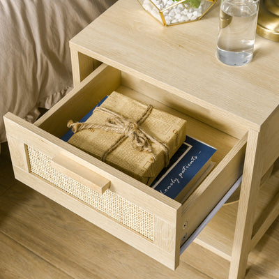 HOMCOM Bedside Table Set of 2 with Rattan Drawer, Rustic Side Tables with Storage Shelf for Bedroom, Living Room, Natural 