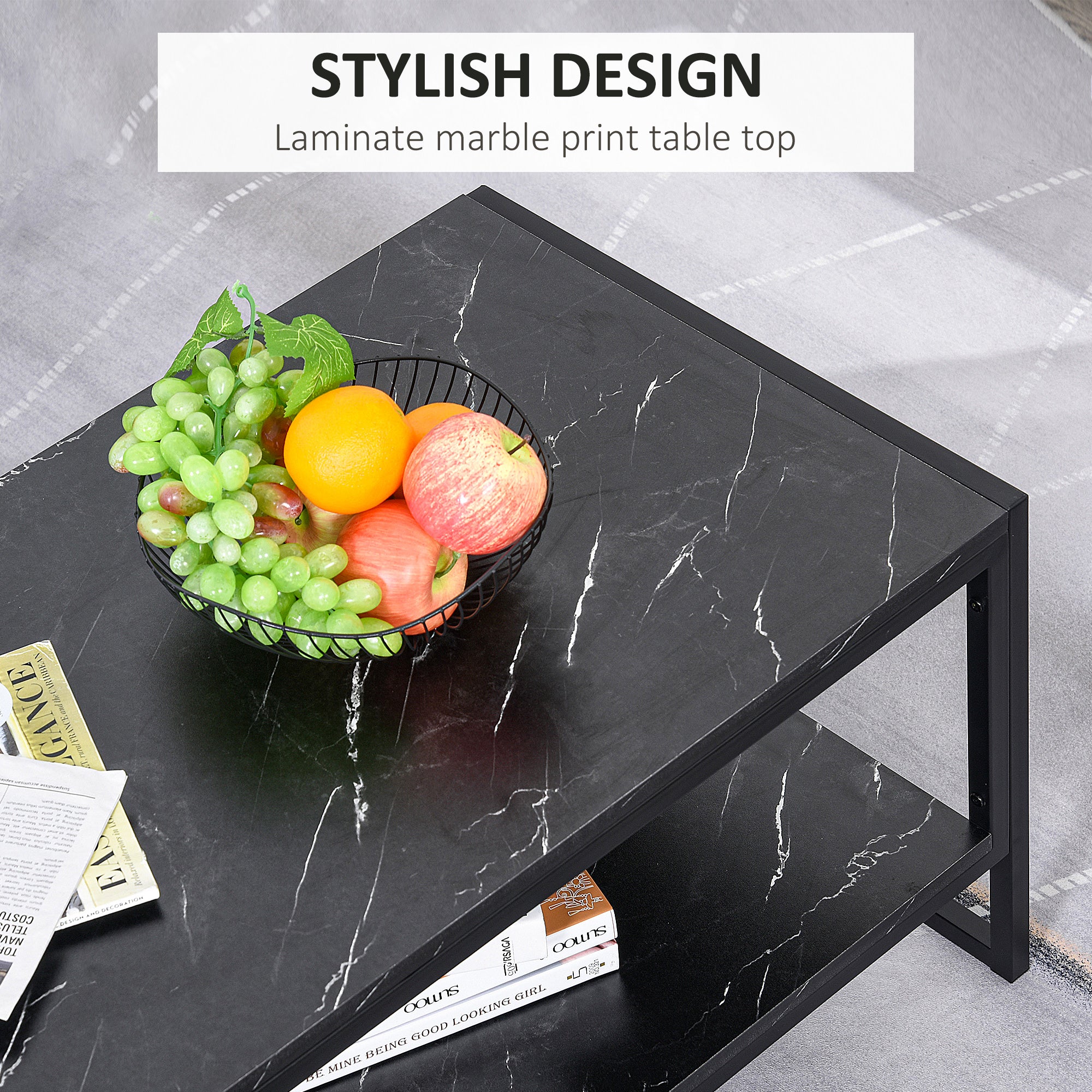 HOMCOM Coffee Table, Two-Tier Marble Centre Table with Metal Frame and Storage Shelf for Living Room, 106 x 50 x 45cm, Black 