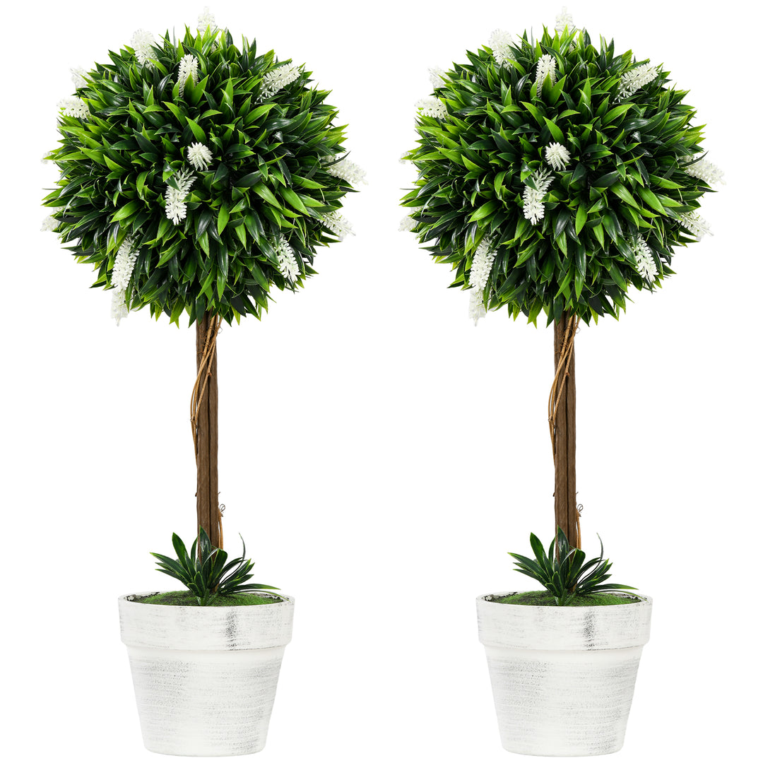 HOMCOM Set of 2 Decorative Artificial Plants Ball Trees with Flower for Home Indoor Outdoor Decor, 60cm ,White 