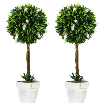 HOMCOM Set of 2 Decorative Artificial Plants Ball Trees with Flower for Home Indoor Outdoor Decor, 60cm ,White 