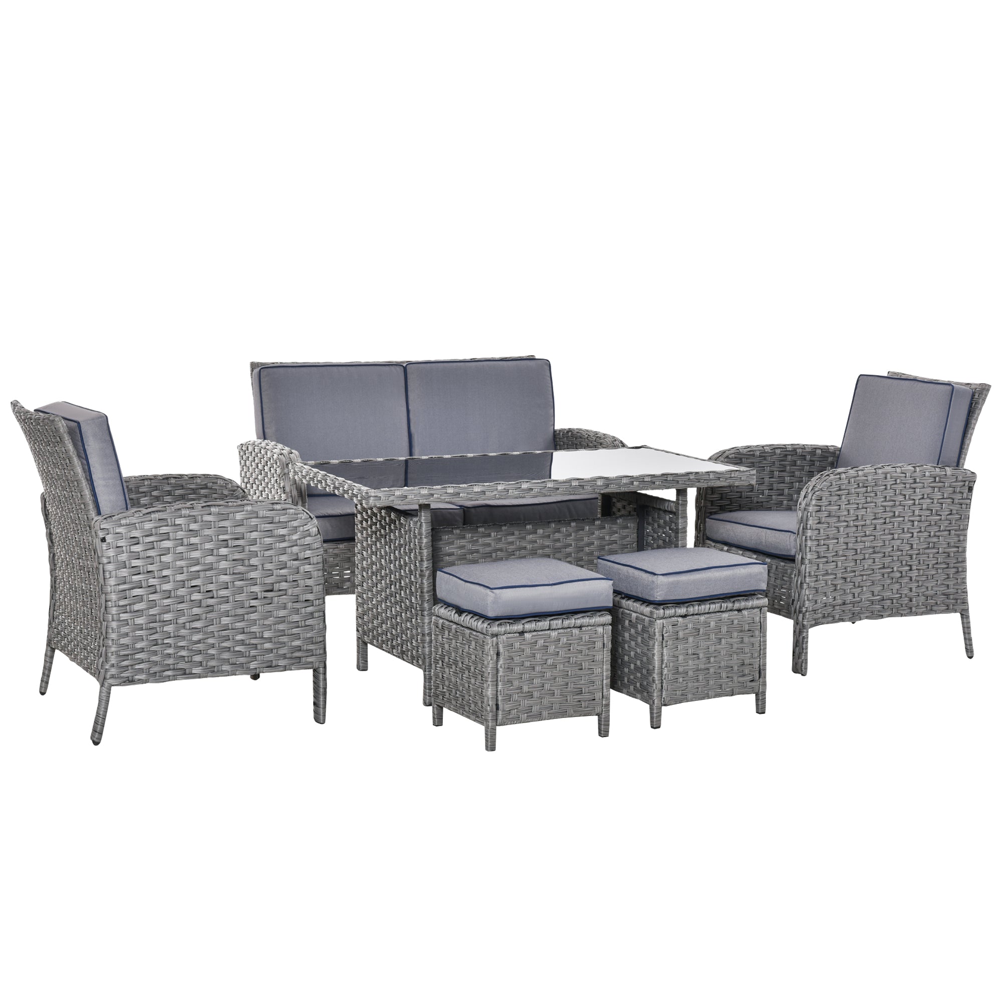 Outsunny 6 Pieces Rattan Garden Furniture Set, 6 Seater Garden Sofa Set with Glass Top Dining Table, Loveseat, 2 Armchairs and Ottomans, Wicker Outdoor Conservatory Furniture for Patio, Grey 