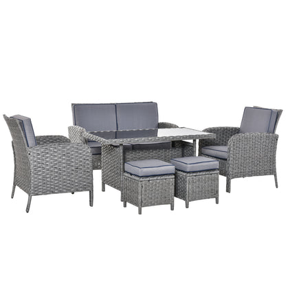 Outsunny 6 Pieces Rattan Garden Furniture Set, 6 Seater Garden Sofa Set with Glass Top Dining Table, Loveseat, 2 Armchairs and Ottomans, Wicker Outdoor Conservatory Furniture for Patio, Grey 