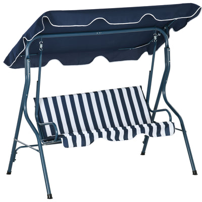 Outsunny 3 Seater Garden Swing Seat Chair Outdoor Bench with Adjustable Canopy and Metal Frame, Blue Stripes 