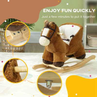 AIYAPLAY Kids Rocking Horse, Plush Ride on Horse, with Sound, Wood Base, for Ages 18-36 Months, Brown 
