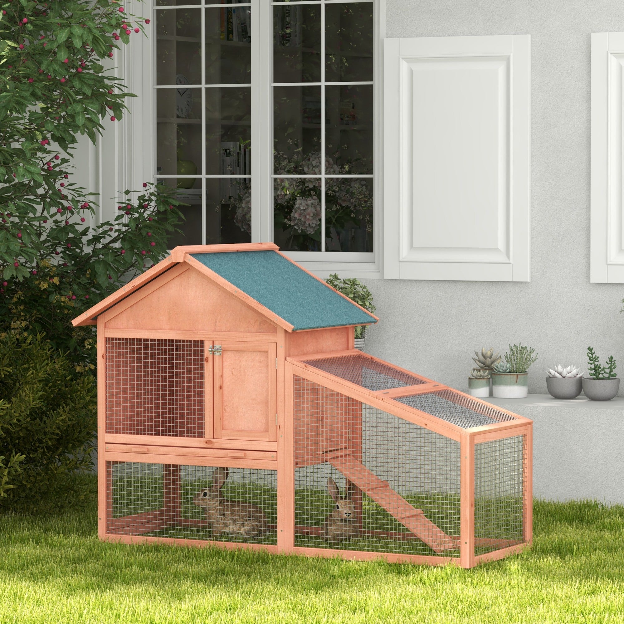 PawHut 2 Tier Rabbit Hutch Outdoor, Guinea Pig Hutch, Solid Wood Bunny House, Water Resistant Asphalt Roof Ramp Sliding tray 144 x 64.5 x 100 cm 