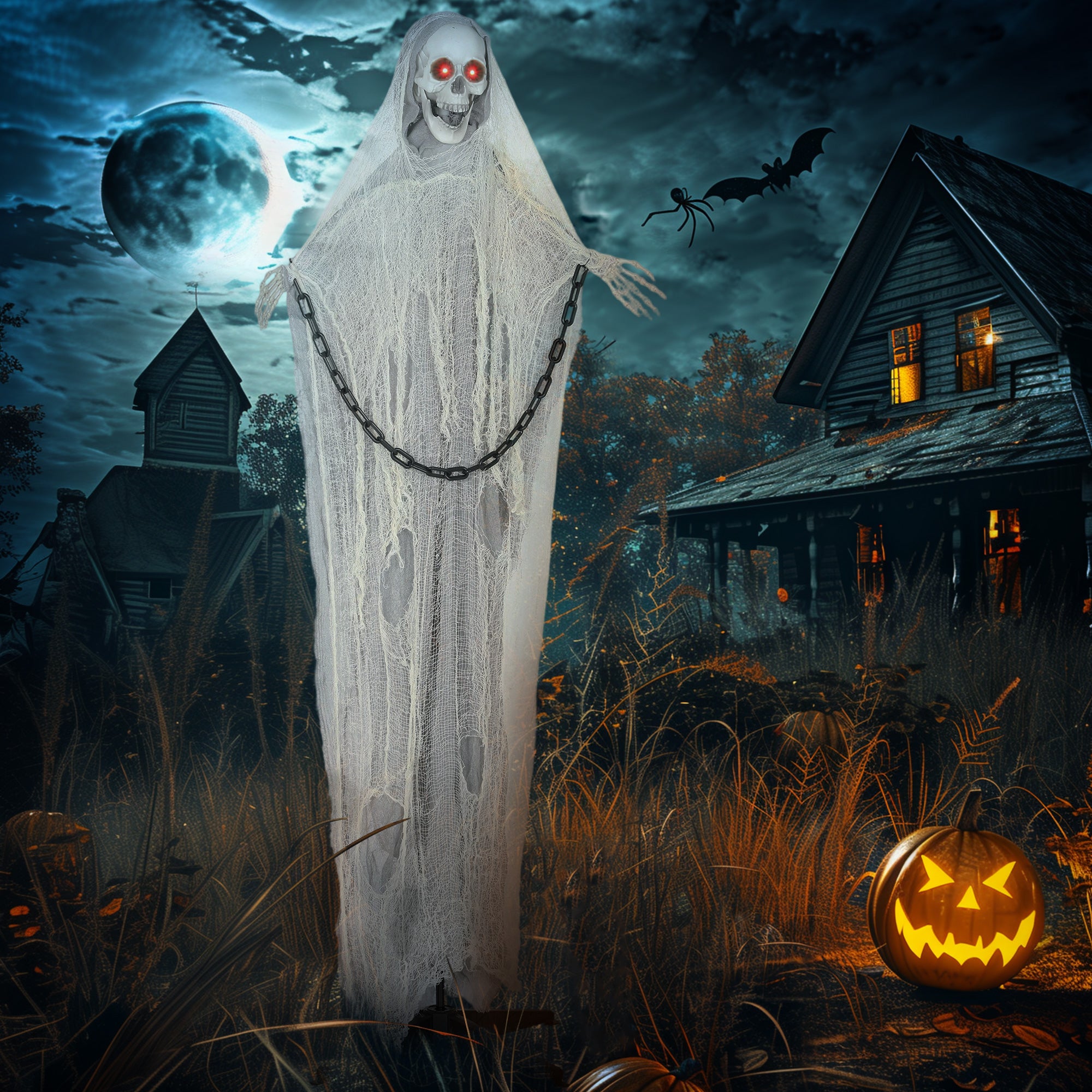 Outsunny 183 cm Life Size Halloween Animated Skeleton Grim Reaper with Glowing LED Eyes, Scary Halloween Decorations, Battery Operated, Indoor Party Props