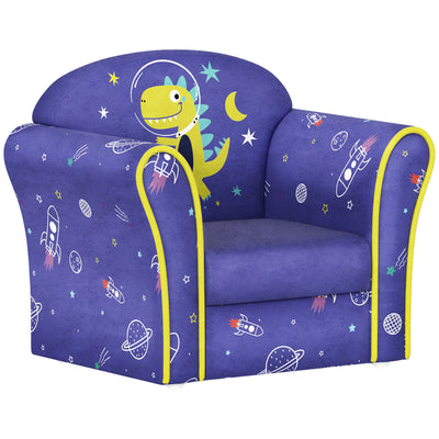 AIYAPLAY Kids Armchair with Planet Dinosaurs Design, Wooden Frame, for Bedroom, Playroom, Kids Room - Blue 
