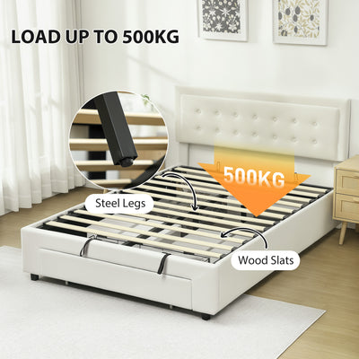HOMCOM Double Ottoman Bed Frame, with Front Drawer - Cream 