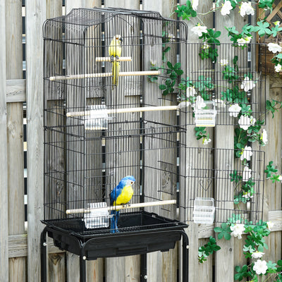 PawHut Bird Cage Budgie Cages for Finch Canary Parakeet with Stand Wheels Slide-out Tray Accessories Storage Shelf, Black 46.5 x 36 x 157 cm 
