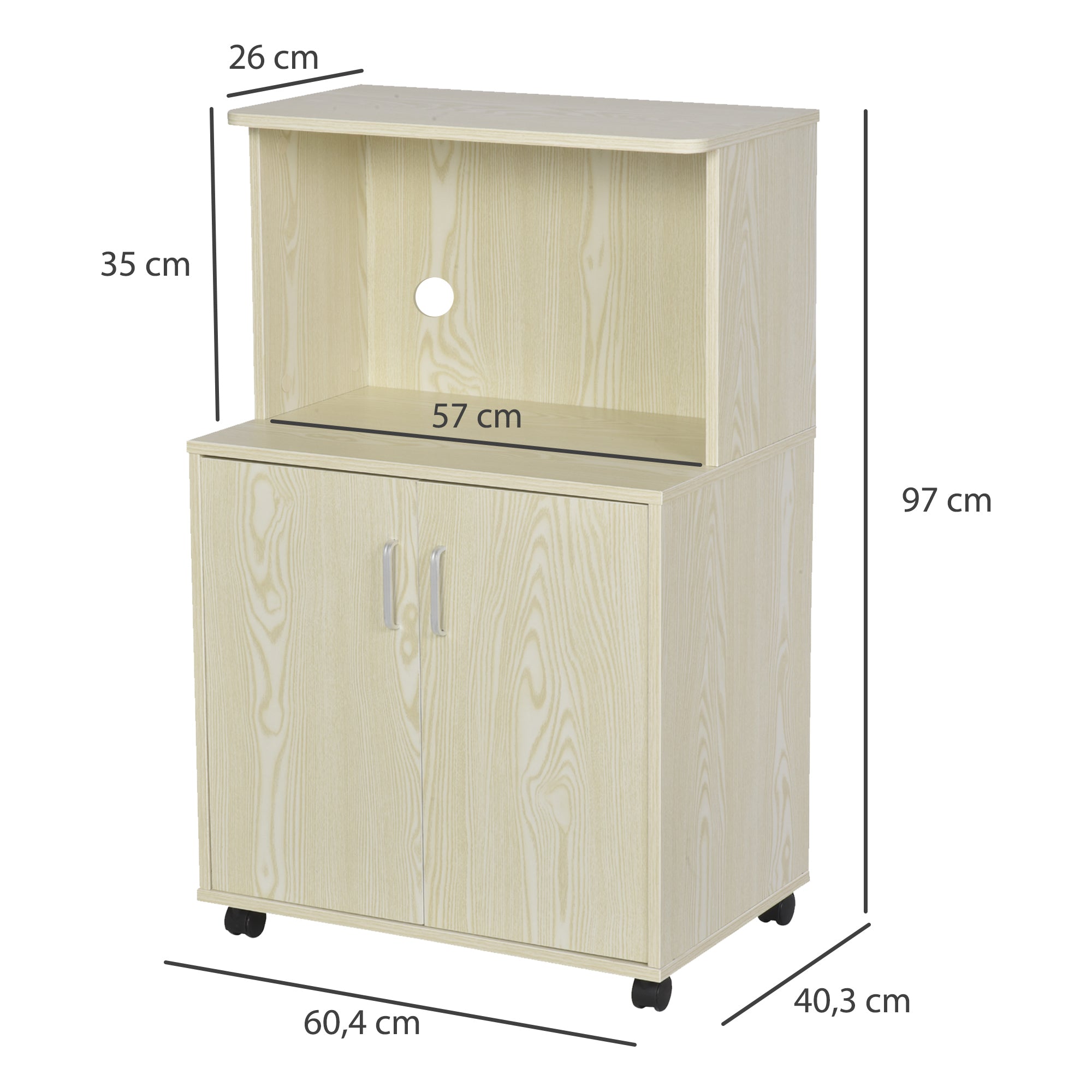 HOMCOM Kitchen Storage Unit, Modern Microwave Stand Trolley Cart, Sideboard with Cabinet,  Locking Wheels, Shelf for Living Room, Dining Room, Oak Tone 