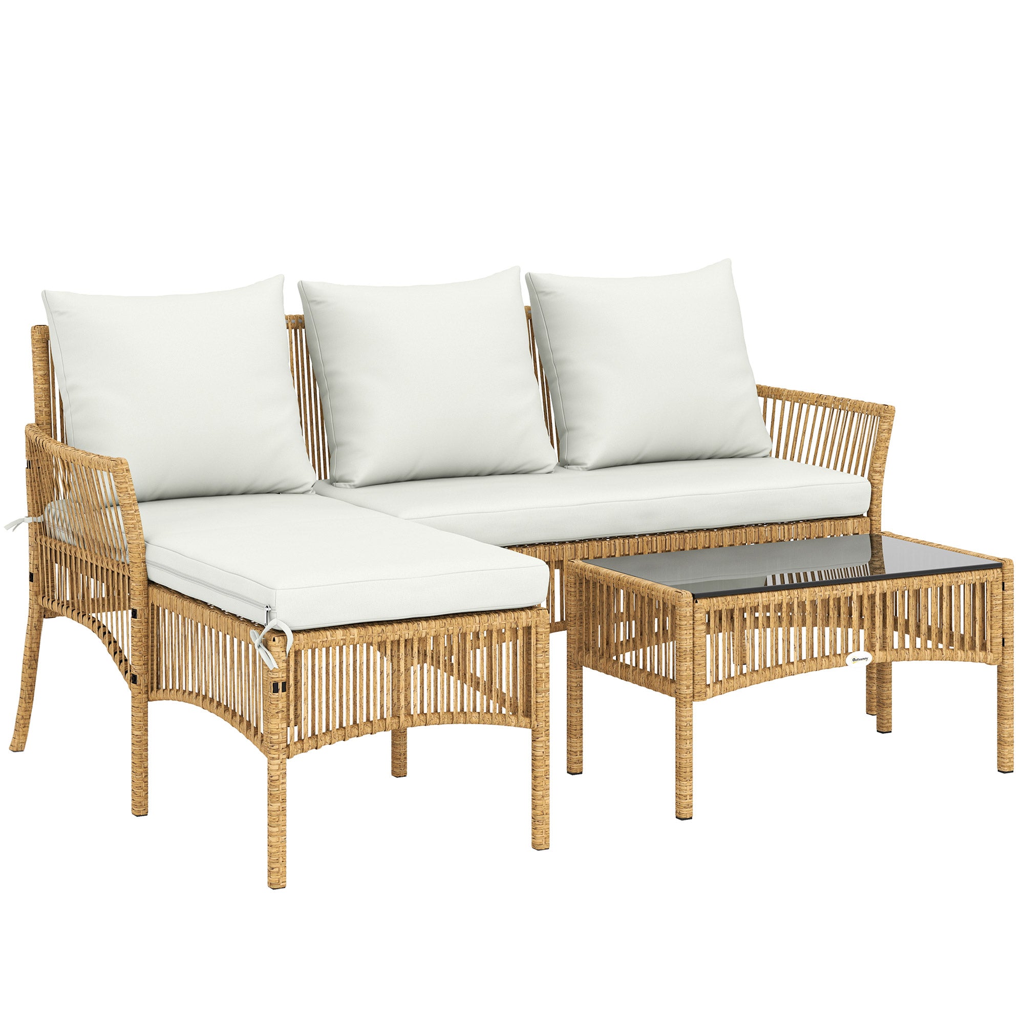 Outsunny 3 Piece Rattan Garden Furniture Corner Sofa Set with Chaise Lounge, Loveseat, Glass Coffee Table, Cushions, Natural Wood 