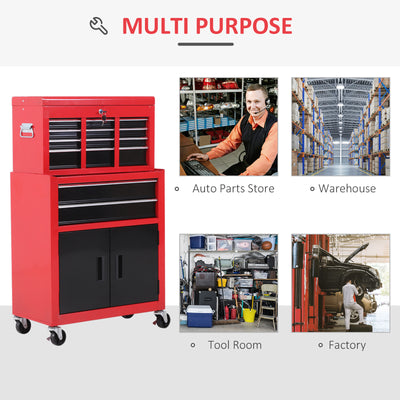 HOMCOM Tool Chest, Metal Tool Cabinet on Wheels with 6 Drawers, Pegboard, Top Chest and Roller Cabinet Combo, 61.6 x 33 x 108cm, Red and Black 