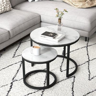 HOMCOM Glass Coffee Table Set of 2, Round Nest of Tables with Marble-Effect Tempered Glass Tabletop and Steel Frame, Modern Side Tables for Living Room, White 
