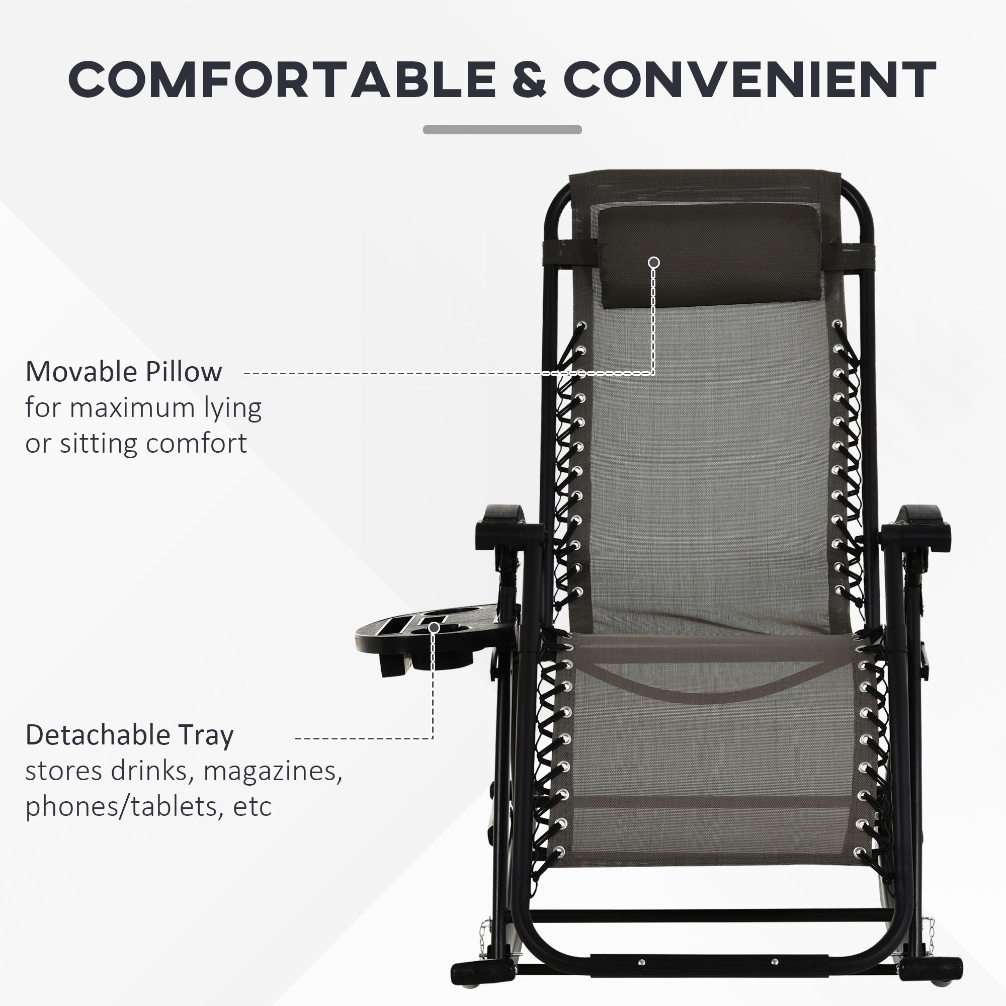 Outsunny Garden Rocking Chair Folding Recliner Outdoor Adjustable Sun Lounger Rocker Zero-Gravity Seat with Headrest Side Holder Patio Deck - Grey 