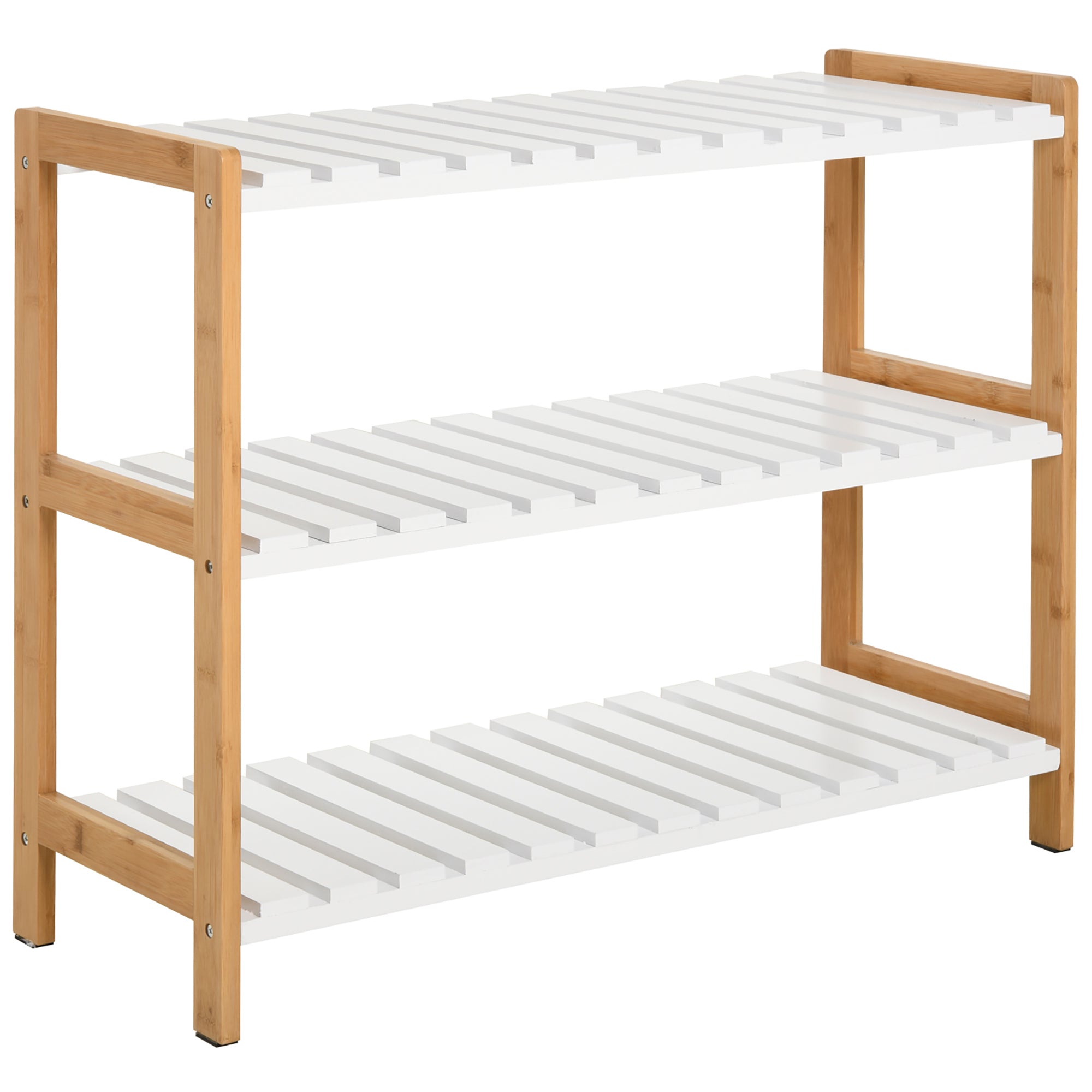 HOMCOM 3-Tier Shoe Rack Wood Frame Slatted Shelves Spacious Open Hygienic Storage Home Hallway Furniture Family Guests 70L x 26W x 57.5H cm - Natural 