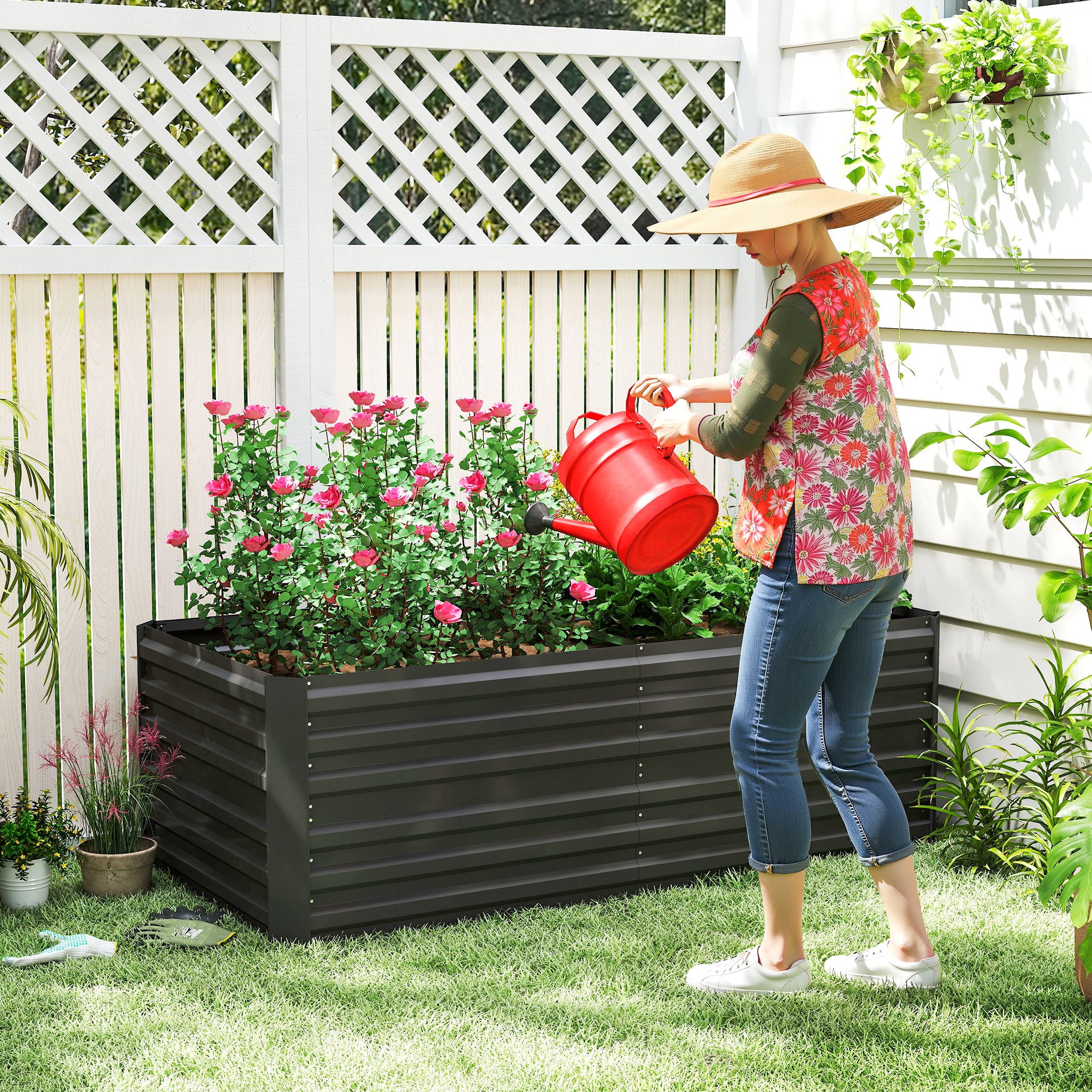 Outsunny Raised Beds for Garden, Galvanised Steel Outdoor Planters with Multi-reinforced Rods, 180 x 90 x 59 cm, Black 